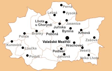 2. 2. Umístění a působnost knihovny v regionu Valašské Meziříčí,, počet obyvatel Místní knihovny v integrovaných obcích Bynina, Hrachovec, Juřinka, Krhová, Lhota u Choryně, Podlesí, Poličná Knihovny