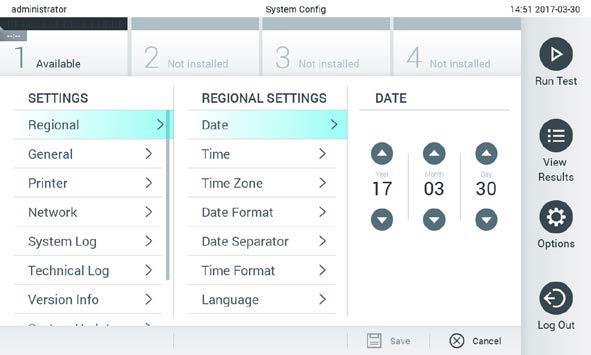 6.8.1 Oblastní nastavení 1. Stiskněte tlačítko Options (Možnosti) a následně System Configuration (Systémová konfigurace). 2.