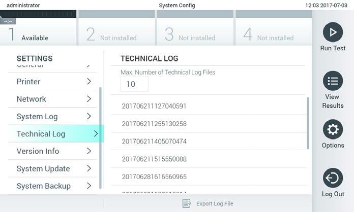 Informace ze systémového protokolu otevřete tlačítkem Options (Možnosti), následně System Configuration (Systémová konfigurace) a System Log (Systémový protokol).