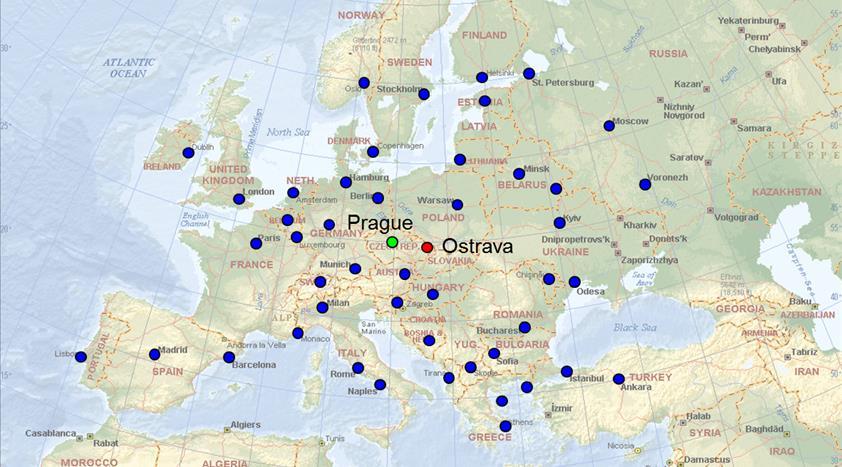 Obrázek 1 Česká republika jako geografické centrum Evropy. (Zdroj: Wikipedia, upraveno autorem) 2 ABB OPERATION CENTER V OSTRAVĚ Zhruba od 90.