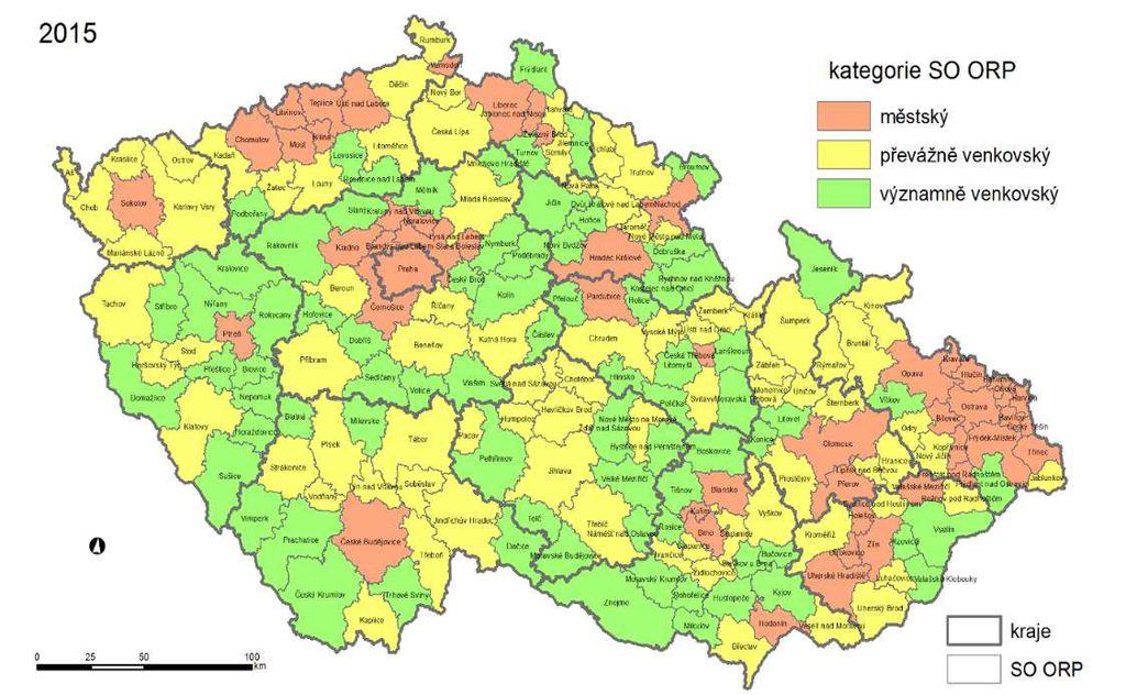 Mapový výstup: Kategoriza e SO ORP a základě hustoty zalid ě í a podílu o yvatel žijí í h ve ve kovský h o í h, rok