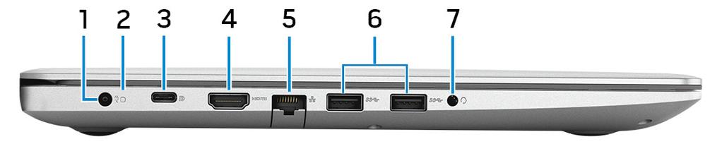 Pohledy Vlevo 1 Port napájecího adaptéru Slouží k připojení napájecího adaptéru jako zdroje napájení a k nabíjení baterie.