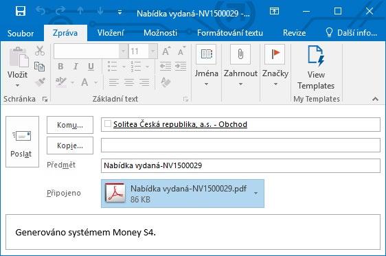 Prvním akcí na novém dokladu by vždy mělo být doplnění odběratele (v našem příkladu firmy Solitea) z adresáře takto totiž ihned zajistíte výpočet individuálních cen podle nastavení zadaného na kartě