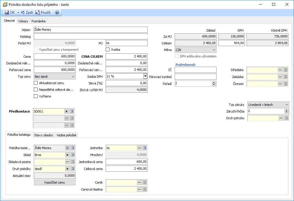 Program do dokladu vloží Sadu Money i s podřízenými položkami, adresní údaje Dodavatele a ostatní údaje, které jste již zadali v objednávce. Další údaje (např.