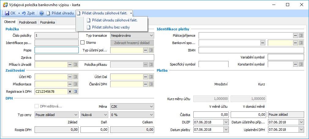 při přehrazení dokladu) Po uložení Položky bankovního výpisu se tlačítka na nástrojové liště změní a při příštím otevření položky nabídnou již