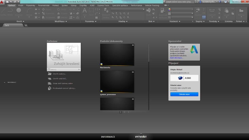 Další novinky AutoCAD Civil 3D 2016 díky inovovanému jádru AutoCAD Karta Začít Ta je nyní ve verzi 2016 stále připnuta a není ji možné vypnout pomocí křížku, jak tomu bylo