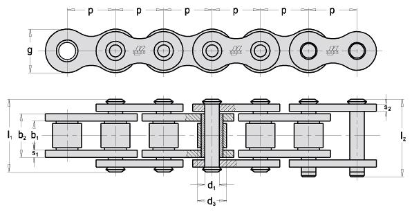 7 NÁVRH ŘETĚZU 7.1 VOLBA ŘETĚZU Volím jednořadý válečkový řetěz 16B ČSN 02 3311 z [17]. Parametry řetězu: Rozteč P ř = 25,4 mm Hmotnost 1 metru m ř = 2,75 kg.