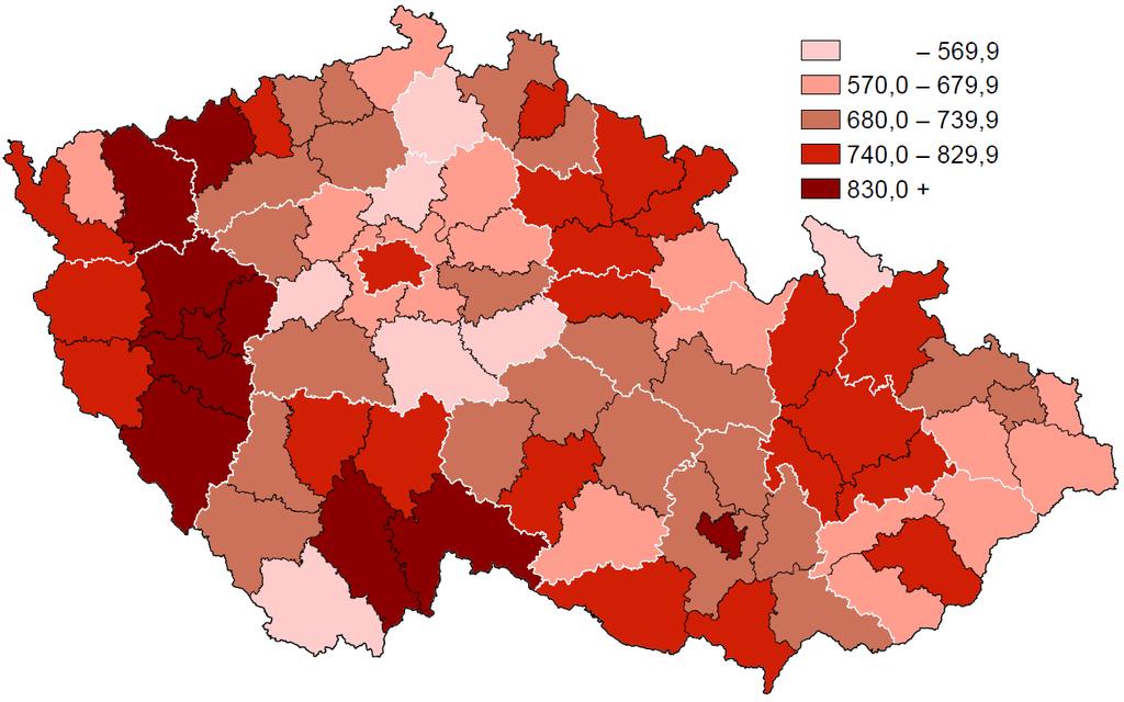 Incidence onemocnění ZN a novotvary in situ na 100 000 mužů (průměr 2007 2011) Incidence of MN and neoplasms in situ per 100 000 males (average 2007 2011)