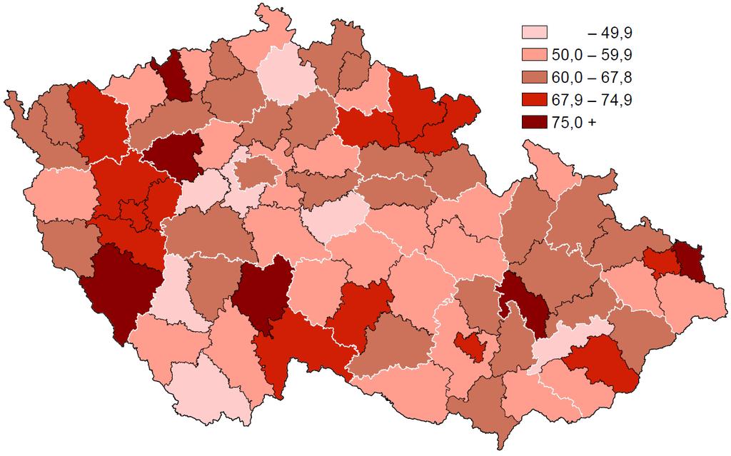 Incidence ZN tlustého střeva a konečníku (dg. C18 21) na 100 000 mužů (průměr 2007 2011) Incidence of MN of colon and rectum (dg.