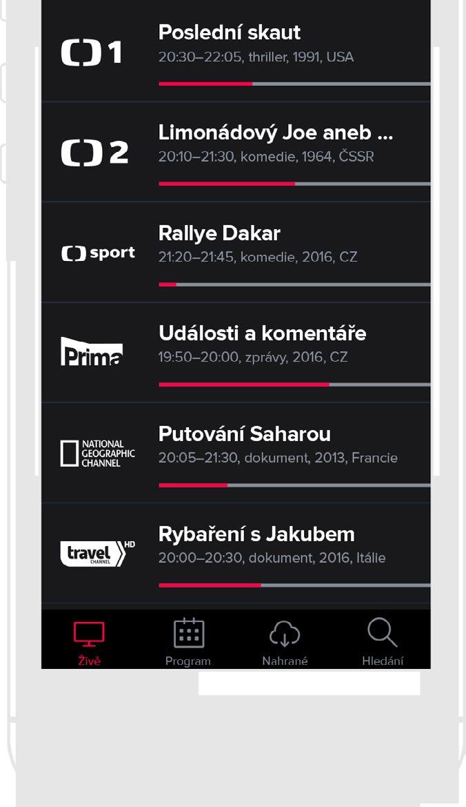 5. Mobilní aplikace 5.1. Aktuální pořady Po spárování mobilního zařízení se zobrazí seznam dostupných televizních stanic se základními informacemi o pořadech.