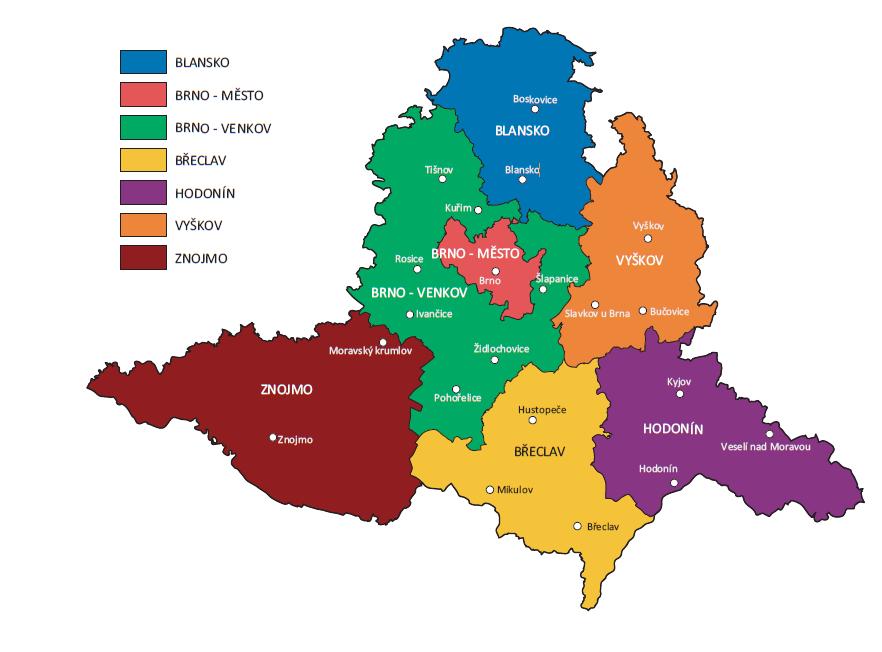 Jihomoravský kraj tvoří celkem 673 obcí, které jsou rozloženy na území 7 okresů a 21 obcí s rozšířenou působností. Obr.
