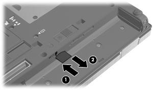7. Zatlačte na kartu SIM (1) a vyjměte ji ze zásuvky (2). 8. Vložte zpět baterii. 9. Otočte počítač správnou stranou nahoru a potom znovu připojte externí napájení a externí zařízení. 10.