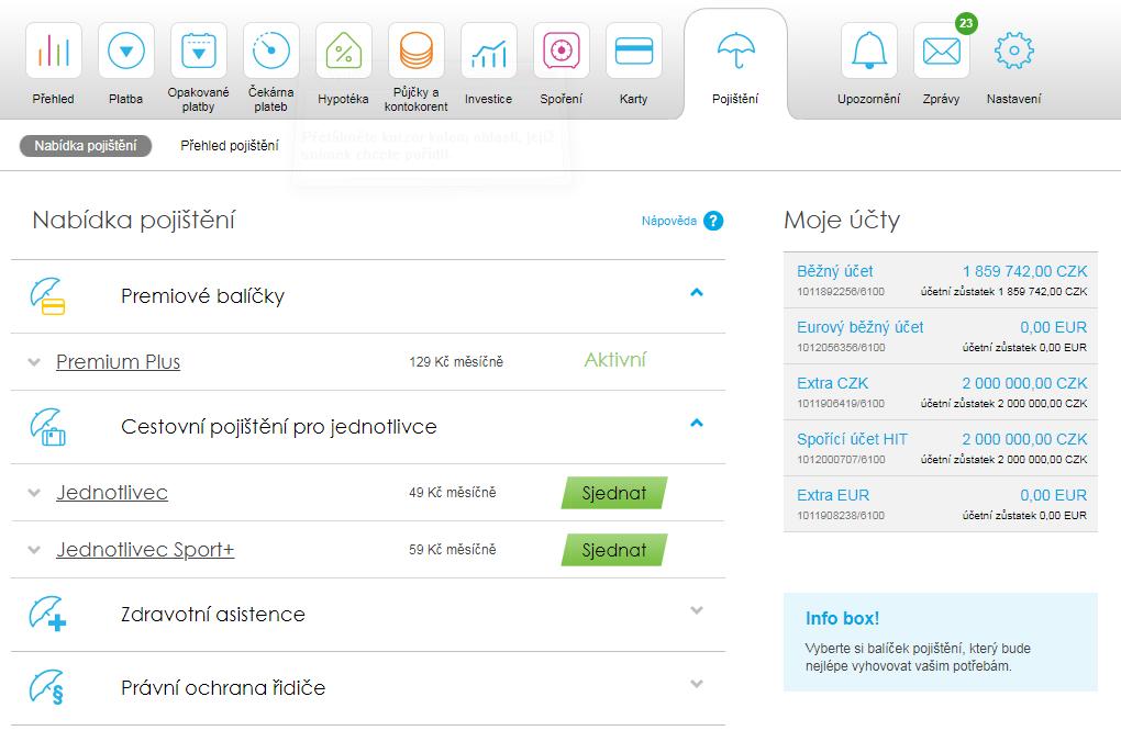 33. Pojištění Nabídka pojištění Zde můžete vidět již aktivované