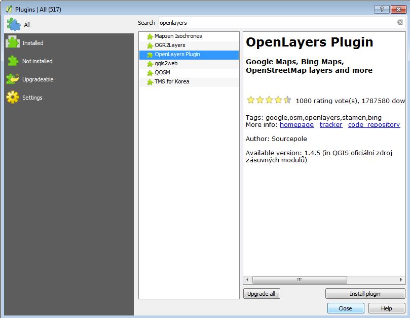 Krok 30: Nyní bude přidána podkladová mapa Open Street Map. V horní liště vybereme Plugins a klikneme na první možnost Manage and Install Plugins.