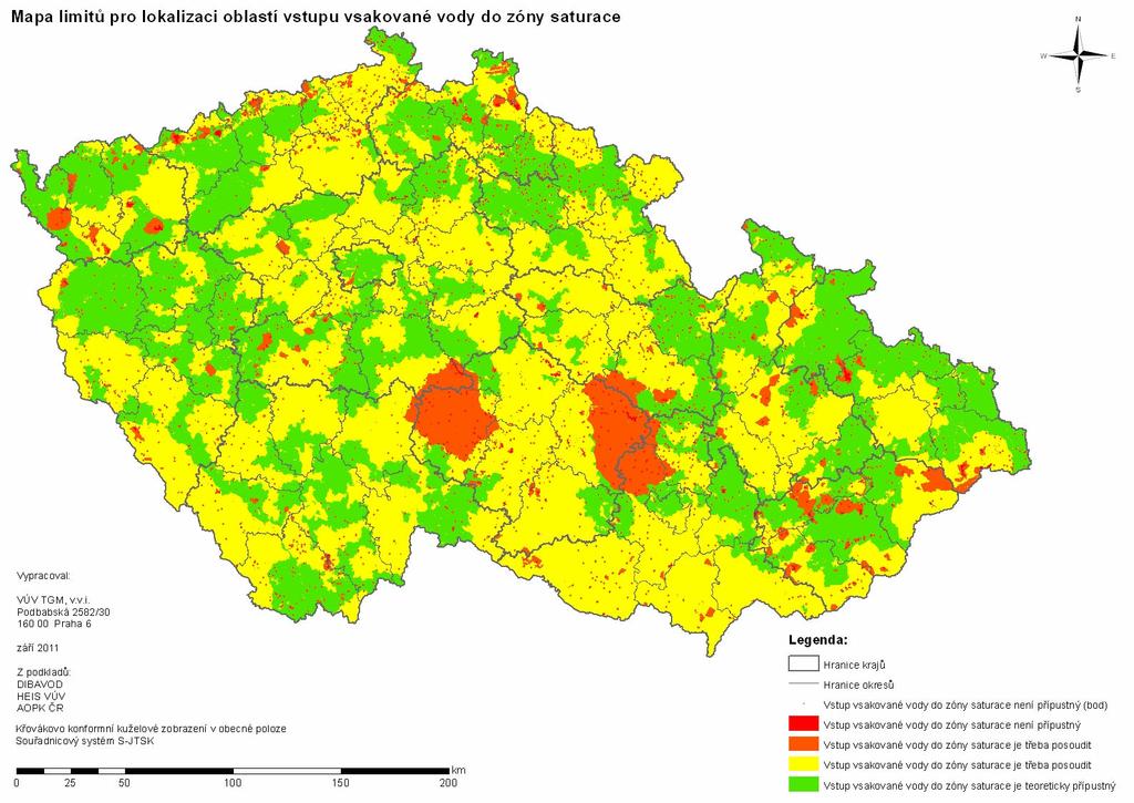 2.3 Mapa limitů pro lokalizaci oblastí vstupu vsakované y do zóny saturace Druhá mapa souvisí s lokalizací oblastí, ve kterých dle výsledků konceptuálního modelu dochází ke vstupu vsakované y do y