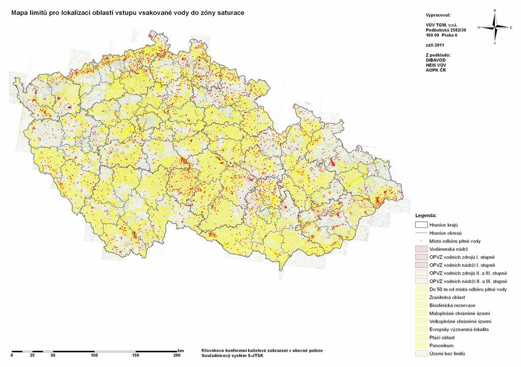 Obr. 4 Pracovní mapa limitů pro lokalizaci oblastí vstupu vsakované y do zóny saturace v měřítku 1 : 750 000 2.