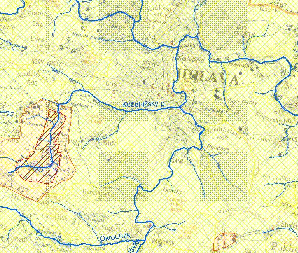 Obr.5 Detail mapového zobrazení části dílčí mapy v měřítku 1 : 50 000 Principy použití grafických prvků jsou v případě pracovních map totožné s principy popsanými v kapitole 2.1. Při interaktivním prohlížení lze zapínat (zobrazovat) nebo vypínat jednotlivé vrstvy, nebo také celé skupiny vrstev.