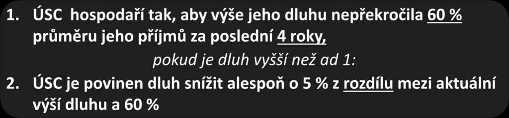 Fiskální pravidlo Nesníží-li ÚSC dluh o povinné minimum: Stát dočasně pozastaví převod výnosu daní ve výši 5 % z rozdílu mezi výší dluhu ÚSC a 60 % průměru jeho příjmů za