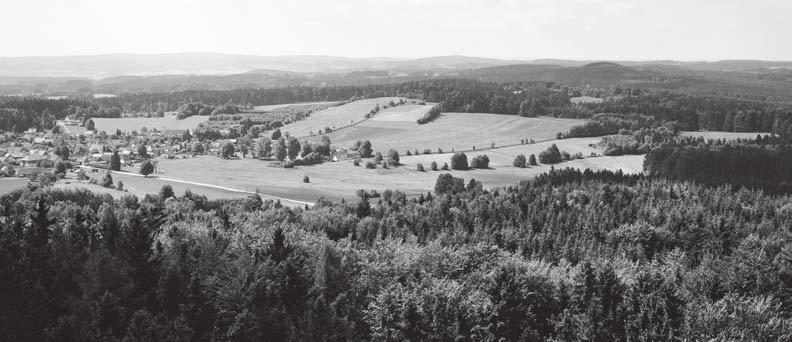 Hrubý 2011, archiv ARCHAIA Brno. Fig. 4. A view of the micro-region of the Hraniční and Rohozná Streams southeast of the Křemešník Hill (765 m). In the foreground is the village of Sázava. Photo by P.