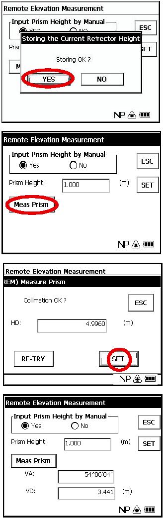 5 Stiskněte tlačítko [YES]. 6 Zacilte na hranol. 7 Stiskněte tlačítko [Meas Prism]. 8 Stiskněte tlačítko [SET].