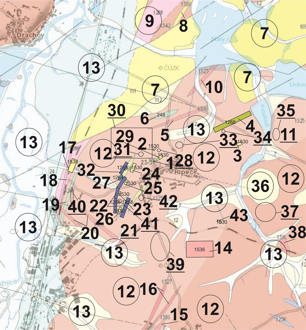 Obr. 4: Mineralogicky zajímavá horninová tělesa (Vácha 2017) v geologické mapě 1:50000 a doprovodná legenda.