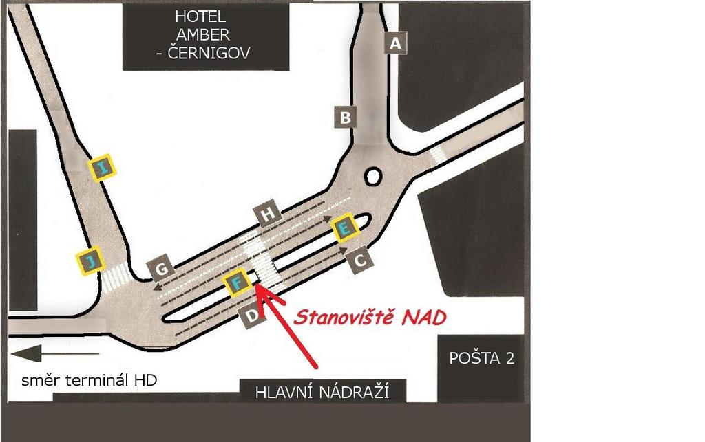 Organizace NAD před nádražní budovou ŽTS Hradec Králové hl.n. Stanoviště F příjezdy a odjezdy linek. Deponování autobusů je možné na dvoře ČD (bývalý prostor organizace NAD).