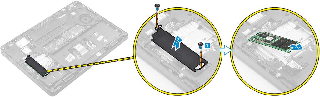 Montáž volitelné karty PCIe SSD Pokud je systém dodán společně s kartou PCIe SSD, proveďte následující kroky. 1 Vložte svorku SSD do slotu v počítači.