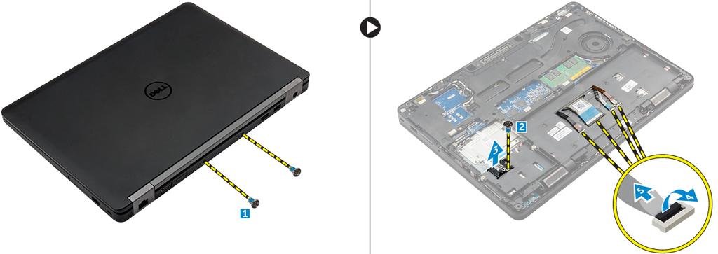 e karta WWAN 3 Vyjmutí konektoru rámu doku: a Odstraňte šrouby, kterými je rám doku připevněn k počítači [1]. b Odstraňte šroub a zvedněte desku SSD z počítače [2, 3].