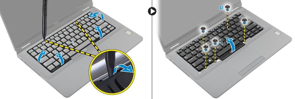 4 Demontáž klávesnice: POZNÁMKA: Počet kabelů klávesnice se může lišit na základě konfigurace počítače.