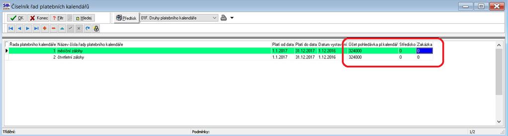 Řady platebního kalendáře Obrázek : Řady platebního kalendáře V řadách platebního kalendáře je nově možnost doplnit účet, středisko a zakázku pro účtování závazků přijatých záloh v bance nebo v