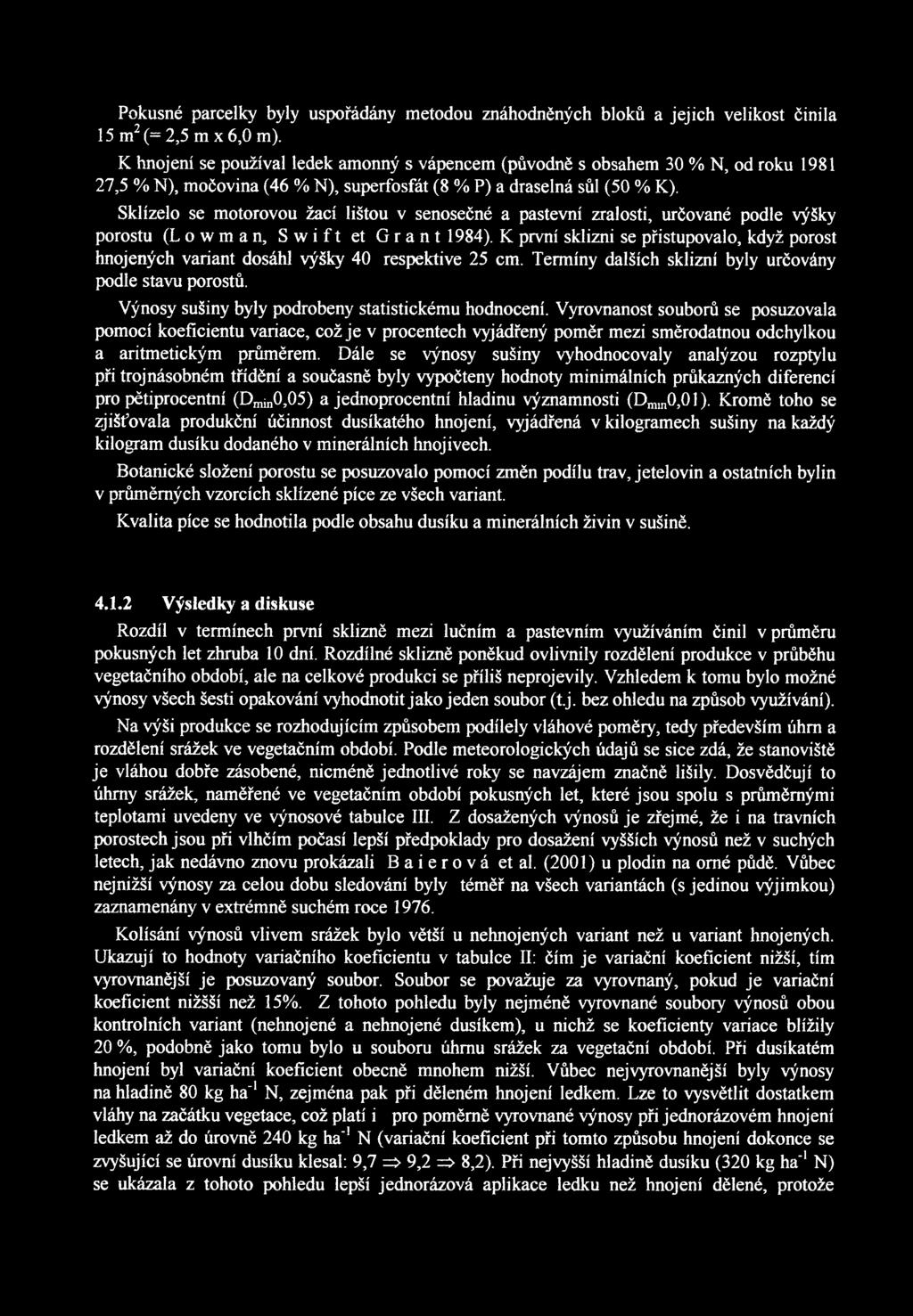 Sklízelo se motorovou žací lištou v senosečné a pastevní zralosti, určované podle výšky porostu (Low m an, S w if t et G r a n t 1984).