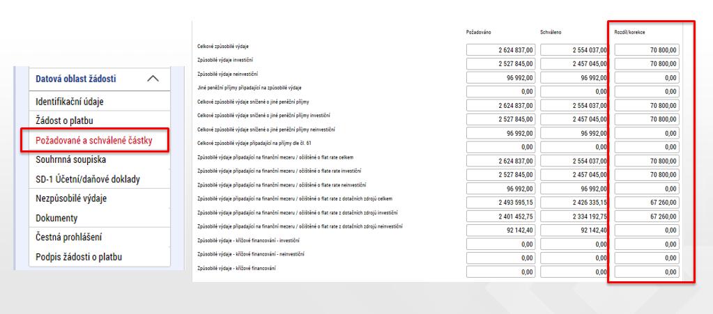 Záložka Požadované a schválené částky V okamžiku schválení ŽoP ve 2. stupni (tj.