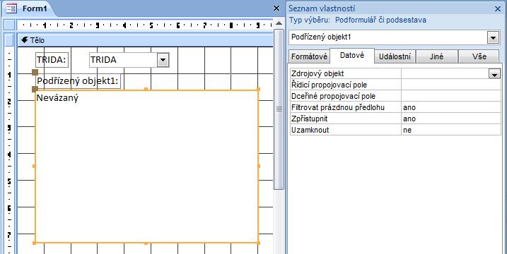 Dalším prvkem formuláře je podformulář Seznam žáků, který bude zobrazovat jen žáky předvybrané třídy. Obrázek 7: Zadání zdrojového objektu pro podformulář.