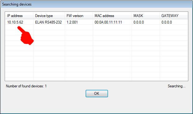 IP adresu zjistíte pomocí vyhledávače ELKO Finder, ve kterém po spuštění zadáte typ vyhledávaného převodníku ELAN RS485-232