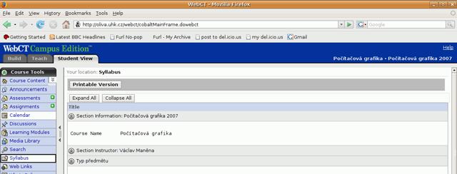 Obr. 1: Zobrazení informací o kurzu pomocí nástroje Syllabus Systém využívá pro přípravu