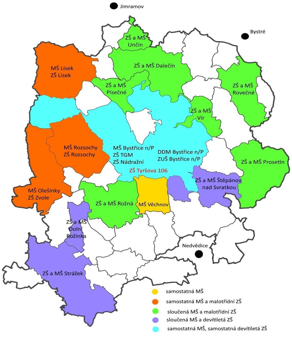 Mapa 2: Rozmístění mateřských a základních škol a školských zařízení Tab.