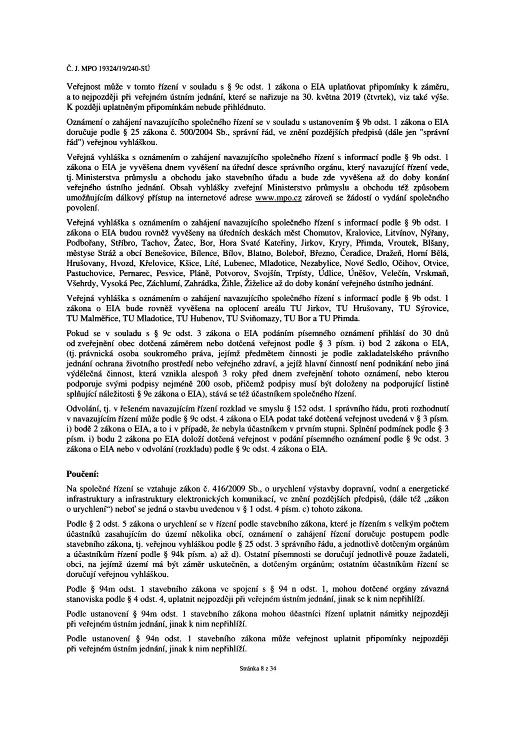 Veřejnost může v tomto řízení v souladu s 9c odst. 1 zákona o EIA uplatňovat připomínky k záměru, a to nejpozději při veřejném ústním jednání, které se nařizuje na 30.