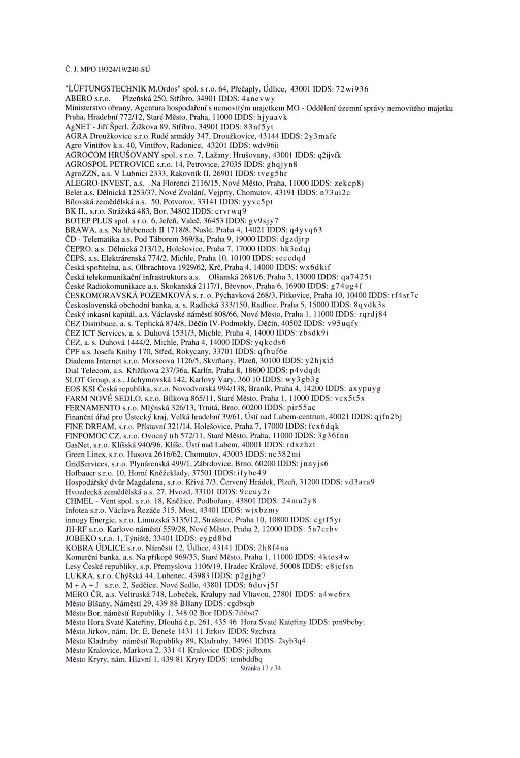 "LUFTUNGSTECHNIK M.Ordos" spol. s r.o. 64, Přečaply, Údlice, 43001 IDDS: 72wi936 ABERO s.r.o. Plzeňská 250, Sthljro, 34901 IDDS: 4anevwy Ministerstvo obrany.