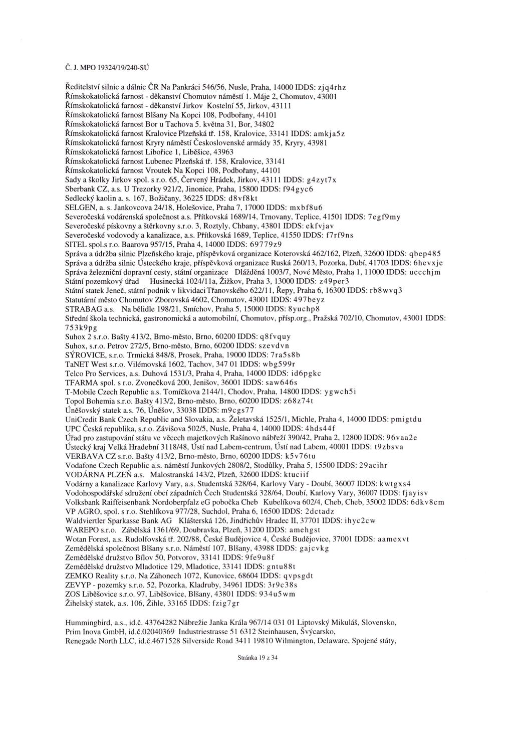 Ředitelství silnic a dálnic ČR Na Pankráci 546/56, Nusle, Praha, 14000 IDDS: zjq4rhz Římskokatolická farnost - děkanství Chomutov náměstí 1.