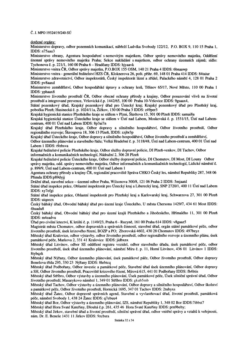 dotčené orgány: Ministerstvo dopravy, odbor pozemních komunikací, nábřeží Ludvíka Svobody 122/12, P.O. BOX 9, 110 15 Praha 1, IDDS: n75aau3 Ministerstvo obrany.