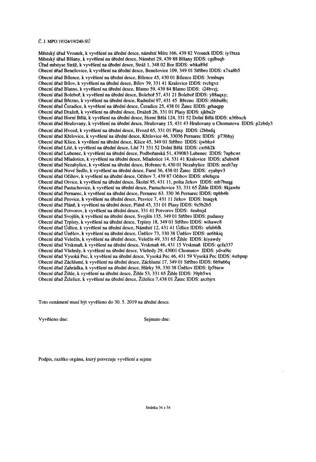 Městský úřad Vroutek, k vyvěšení na úřední desce, náměstí Míru 166,439 82 Vroutek IDDS: iylbtza Městský úřad Blšany, k vyvěšení na úřední desce.
