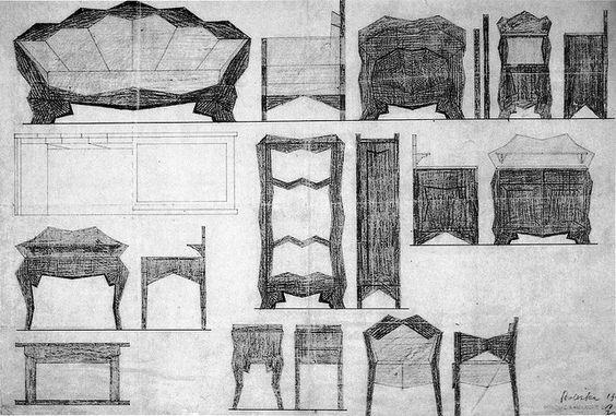 Obrázek 5 Josef Gočár- návrhy nábytku pro Otto Bolešku, 1913 Řemeslná obratnost českých truhlářů poskytuje široké možnosti realizace konstrukčně složitých návrhů.