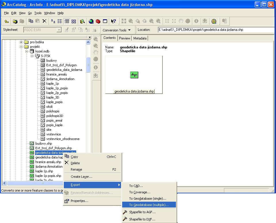 Obrázek 6.1: ukázka převodu souboru do personální databáze. Po převedení dat bylo potřeba založit nový projekt v prostředí ArcMap.