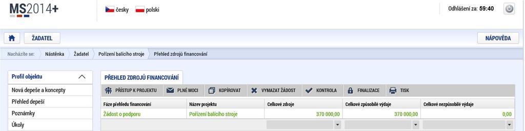 Přehled zdrojů financování Na záložce Přehled zdrojů financování dochází k výpočtu požadované podpory na základě údajů