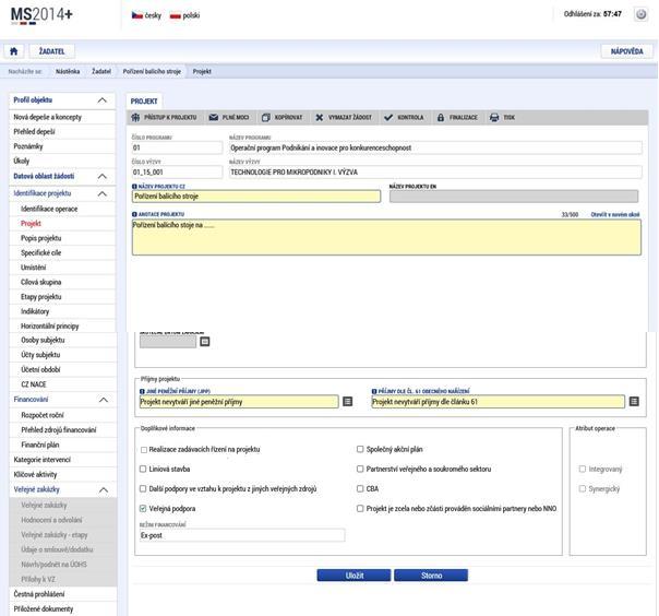 Projekt Na záložce Projekt žadatel vyplní Název projektu CZ, Název projektu EN a Anotaci Projektu, ve které stručně popíše předmět předkládaného projektového záměru, ze kterého bude jednoznačně