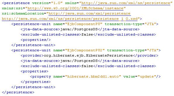 Příklad 7: Persistence unit(persistence.xml) [6] Data Source (*ds.xml)- Popisuje související vlastnosti s datovým úložištěm jako URL připojení k databázi, uživatelské jméno, heslo, atd.