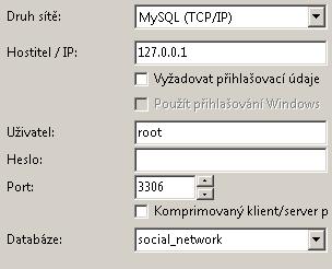 4.3.1 Napojení na MySQL databázi V rámci projektu byla vytvořena MySQL databáze, pojmenovaná social_network, běžící na předem nainstalovaném MySQL serveru.