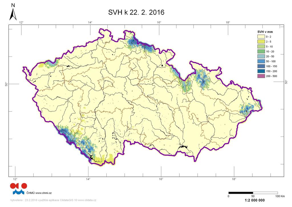 Mapa rozložení vodní hodnoty sněhu (SVH) k 22. únoru 2016 Zásoba vody ve sněhové pokrývce k 22. 2. Povodí po profil Objem [mil. m 3 ] Odtoková výška [mm] Povodí po profil Objem [mil.