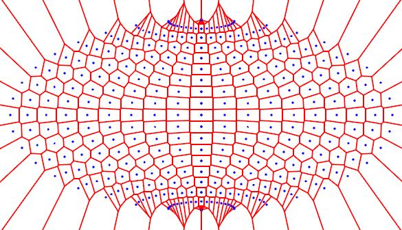 Obrázek 3: Voronoiův diagram nad množinou P Hammerova zobrazení.