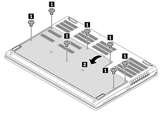 2. Ujistěte se, že je počítač vypnutý a odpojený od napájecího adaptéru i všech kabelů. 3. Zavřete displej počítače a počítač otočte. 4. Uvolněte šrouby zajišťující spodní kryt 1.